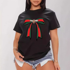 Plus Size Bow Print Short Sleeve T Shirt YIM-YMT001