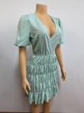 Ruched Lantern Sleeve Deep V Mini Dress GADE-5003