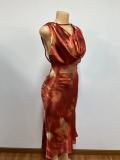 Sleeveless Print Draped Neck Satin Midi Dress GADE-5985