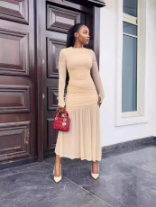Long Sleeve Pleated Solid Color Maxi Dress GADE-8496
