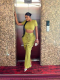 Short Sleeve Solid Crop Top Drawstring Long Skirt 2 Piece Set GADE-8302