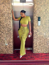 Short Sleeve Solid Crop Top Drawstring Long Skirt 2 Piece Set GADE-8302