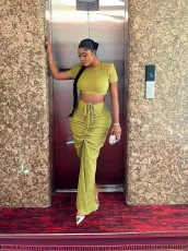 Short Sleeve Solid Crop Top Drawstring Long Skirt 2 Piece Set GADE-8302