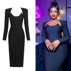 Long Sleeve Solid Color Slim Long Dress GADE-5721