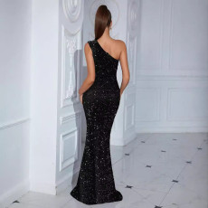 Slash Shoulder Sequin Split Maxi Dress NY-K3257