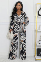 Long Sleeve V Neck Tie Up Print Jumpsuit XHXF-8703