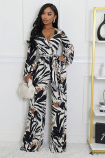 Long Sleeve V Neck Tie Up Print Jumpsuit XHXF-8703