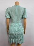 Ruched Lantern Sleeve Deep V Mini Dress GADE-5003