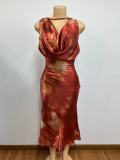 Sleeveless Print Draped Neck Satin Midi Dress GADE-5985