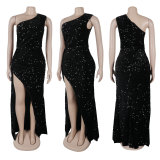 Slash Shoulder Sequin Split Maxi Dress NY-K3257
