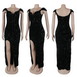 Velour Sequin Halter Split Maxi Dress NY-K3252