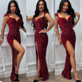 Velour Sequin Halter Split Maxi Dress NY-K3252