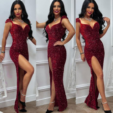Velour Sequin Halter Split Maxi Dress NY-K3252
