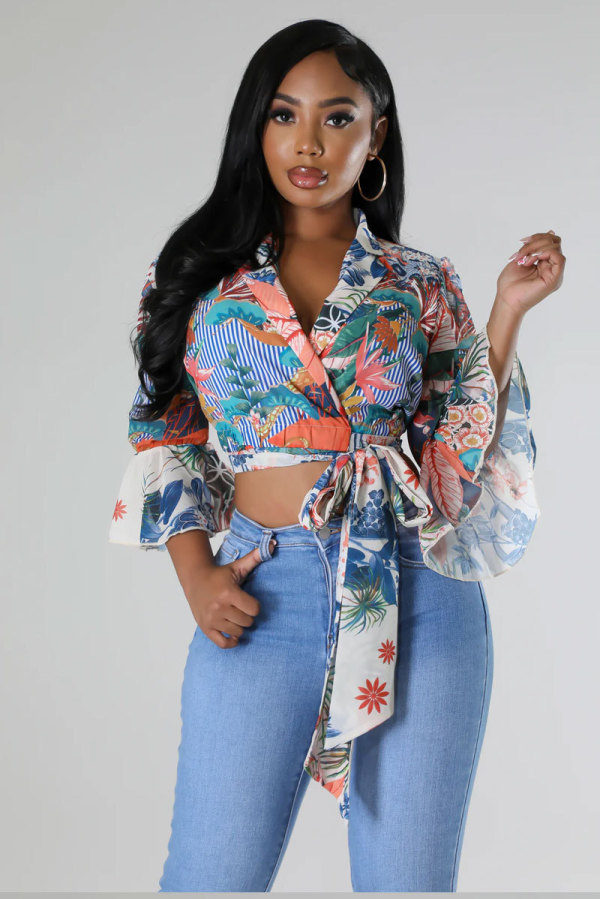 Long Sleeve Print Tie Up Shirt XHXF-8699