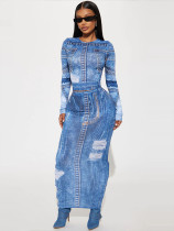 Denim Print Long Sleeve Two Piece Skirts Set GADE-5945