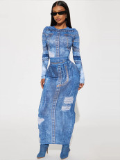 Denim Print Long Sleeve Two Piece Skirts Set GADE-5945