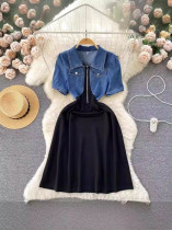 Contrast Color Patchwork Denim Midi Dress GADE-9826