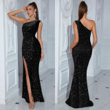 Slash Shoulder Sequin Split Maxi Dress NY-K3257