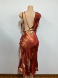Sleeveless Print Draped Neck Satin Midi Dress GADE-5985