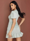 Ruched Lantern Sleeve Deep V Mini Dress GADE-5003