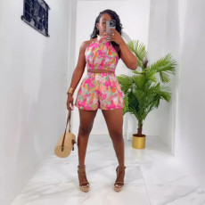 Print Sleeveless Hang Neck Two Piece Shorts Set NY-10872