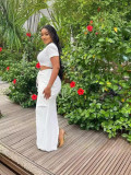 Short Sleeve Solid Crop Top Drawstring Long Skirt 2 Piece Set GADE-8302