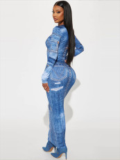 Denim Print Long Sleeve Two Piece Skirts Set GADE-5945