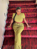 Short Sleeve Solid Crop Top Drawstring Long Skirt 2 Piece Set GADE-8302