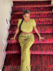 Short Sleeve Solid Crop Top Drawstring Long Skirt 2 Piece Set GADE-8302
