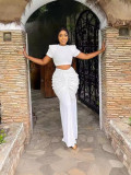 Short Sleeve Solid Crop Top Drawstring Long Skirt 2 Piece Set GADE-8302