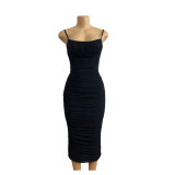 Sexy Pleated Solid Color Maxi Dress GADE-2841