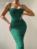 Sexy Pleated Solid Color Maxi Dress GADE-2841