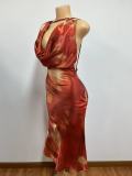 Sleeveless Print Draped Neck Satin Midi Dress GADE-5985
