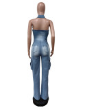 Washed Sleeveless Halter Denim Jumpsuit MEM-MZ88593