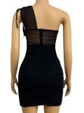 Slant Shoulder Hollow Out Pleated Mini Dress GADE-5587