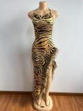 Tiger Print Sling Raw Edge Split Maxi Dress GADE-5996