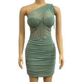 Slant Shoulder Hollow Out Pleated Mini Dress GADE-5587