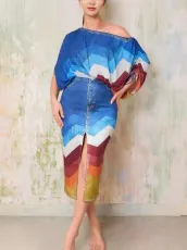 Drawstring One-Shoulder Top Split Skirt Two-Piece Set OLYF-6154