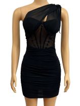 Slant Shoulder Hollow Out Pleated Mini Dress GADE-5587