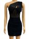Slant Shoulder Hollow Out Pleated Mini Dress GADE-5587
