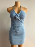 Sexy Hang Neck Pleated Backless Mini Dress GADE-8210