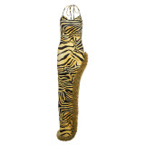 Tiger Print Sling Raw Edge Split Maxi Dress GADE-5996