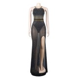 Hot Drill Zipper Split Maxi Dress GADE-8440