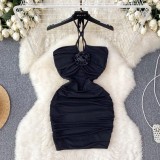 Sexy Hang Neck Pleated Backless Mini Dress GADE-8210