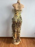 Tiger Print Sling Raw Edge Split Maxi Dress GADE-5996