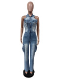 Washed Sleeveless Halter Denim Jumpsuit MEM-MZ88593