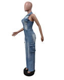 Washed Sleeveless Halter Denim Jumpsuit MEM-MZ88593