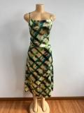 Satin Backless Printed Halter Midi Dress GADE-8205