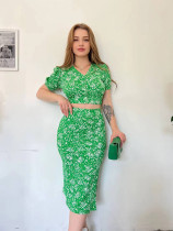 Floral Bubble Short Sleeve Split Skirt 2 Piece Set GADE-5660