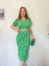 Floral Bubble Short Sleeve Split Skirt 2 Piece Set GADE-5660